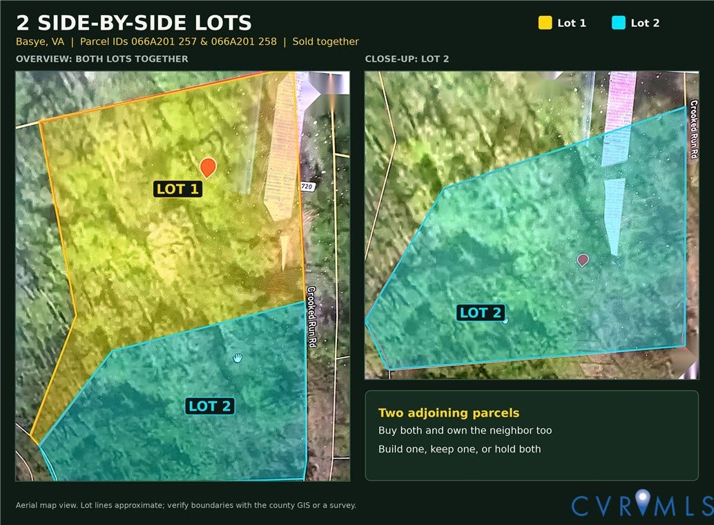 Land Plat Map. Aerial visualization of the property boundaries for the two parcels