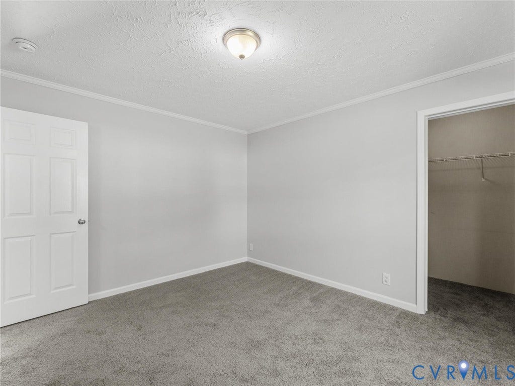 1625 Cedar Lane, Powhatan, VA 23139 Neutral wall paint, plush carpeting, a four-panel interior door, a flush-mount ceiling light fixture, and a walk-in closet with integrated wire shelving