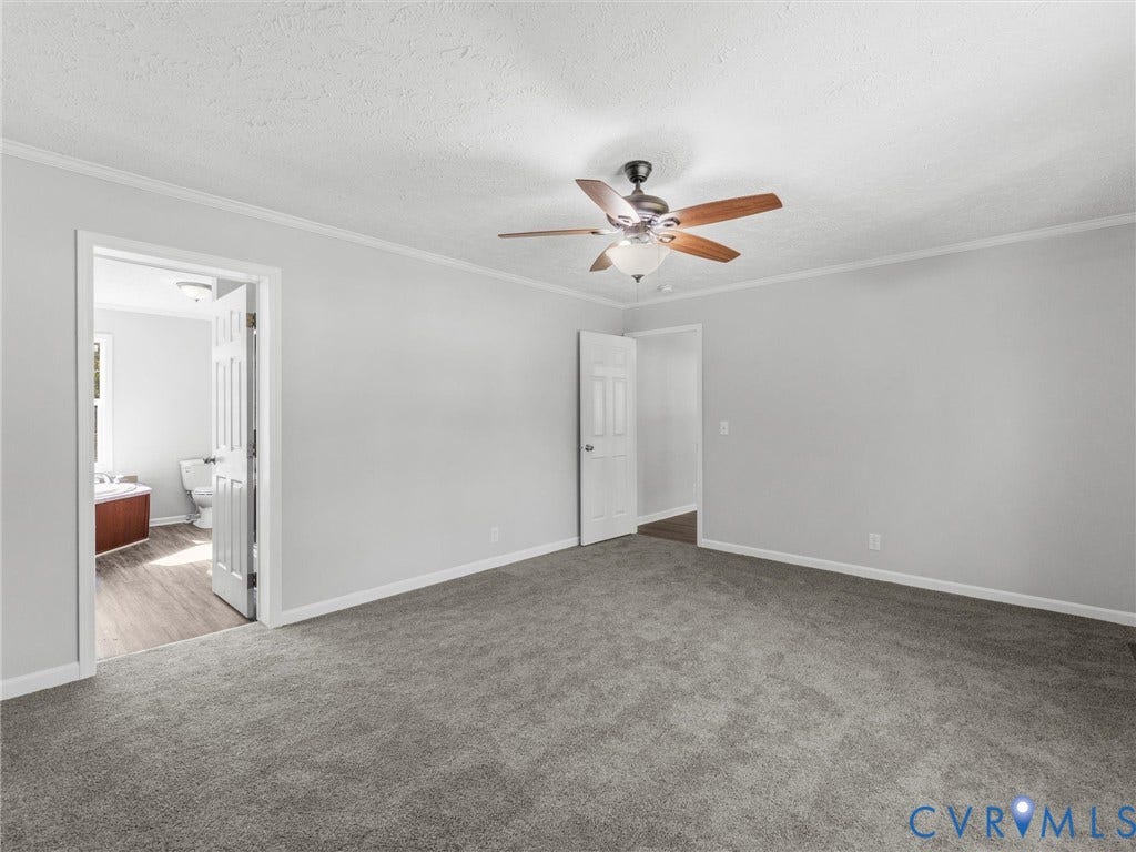 1625 Cedar Lane, Powhatan, VA 23139 Neutral-toned wall paint, wall-to-wall carpeting, and a central ceiling fan with integrated lighting