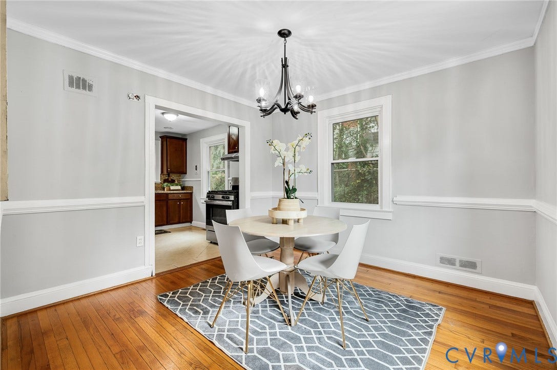 602 N 39th Street, Chimborazo, Richmond, VA 23223 Dining area featuring wood-finish flooring, chair rail molding, and a multi-arm metal chandelier