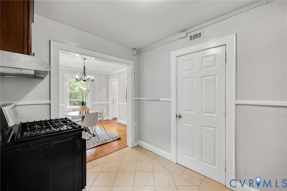 602 N 39th Street, Chimborazo, Richmond, VA 23223 Kitchen featuring tile flooring, a six-panel door, and a stainless steel range hood, complemented by wainscoting and wood-finish flooring