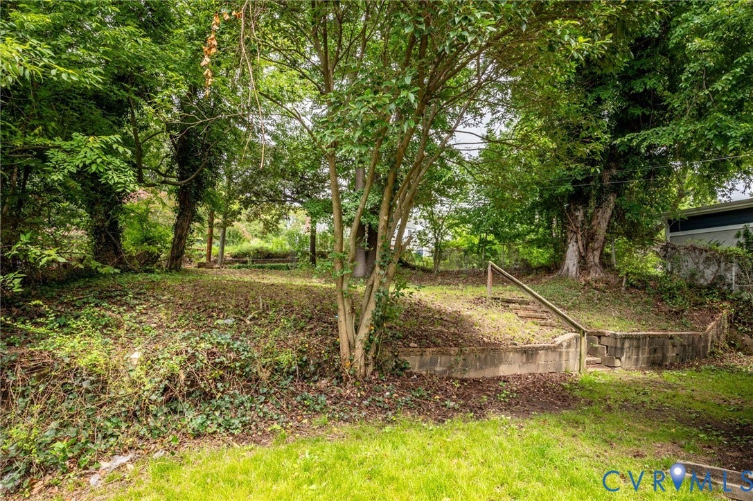 602 N 39th Street, Chimborazo, Richmond, VA 23223 Expansive backyard featuring mature trees, a multi-level terrain, concrete block retaining walls, and tiered outdoor stairs with a metal handrail