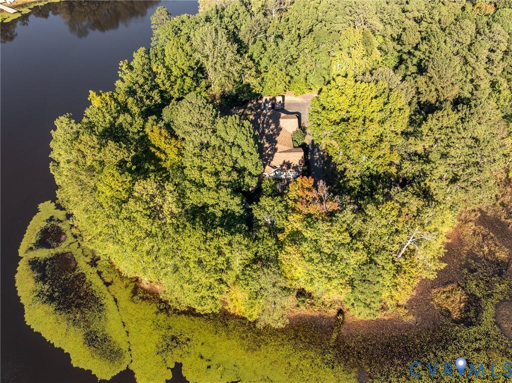 10862 Walton Lake Road, Dick Woods Subdivision, Disputanta, VA 23842 Aerial view of a waterfront property featuring a multi-level roof structure, paved driveway, and extensive mature tree canopy