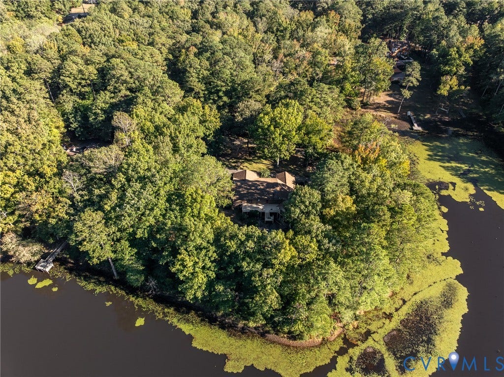 10862 Walton Lake Road, Dick Woods Subdivision, Disputanta, VA 23842 Waterfront estate featuring mature hardwood trees, a private wooden dock, and extensive shoreline on a wooded lot