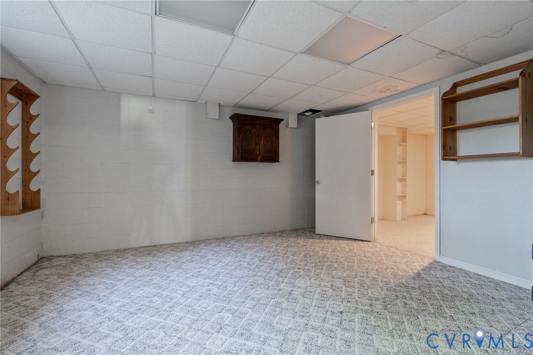 10862 Walton Lake Road, Dick Woods Subdivision, Disputanta, VA 23842 Interior space featuring patterned wall-to-wall carpeting, painted concrete block walls, a drop ceiling, and multiple wall-mounted wood shelves