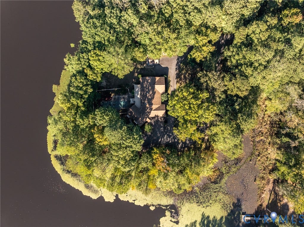 10862 Walton Lake Road, Dick Woods Subdivision, Disputanta, VA 23842 Aerial view of a waterfront property featuring dense mature tree cover, a paved driveway, and a private dock