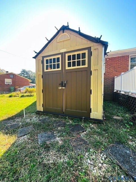 1525 Circle Drive, Petersburg, VA 23803 Storage shed featuring double doors, dual window panes, gable roof, and integrated ventilation