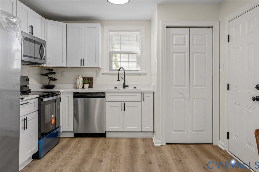 2106 Kenwood Avenue, Henrico, VA 22229 Kitchen featuring white shaker-style cabinetry, stainless steel appliances, wood-finish flooring, a matte black faucet, and a bi-fold closet