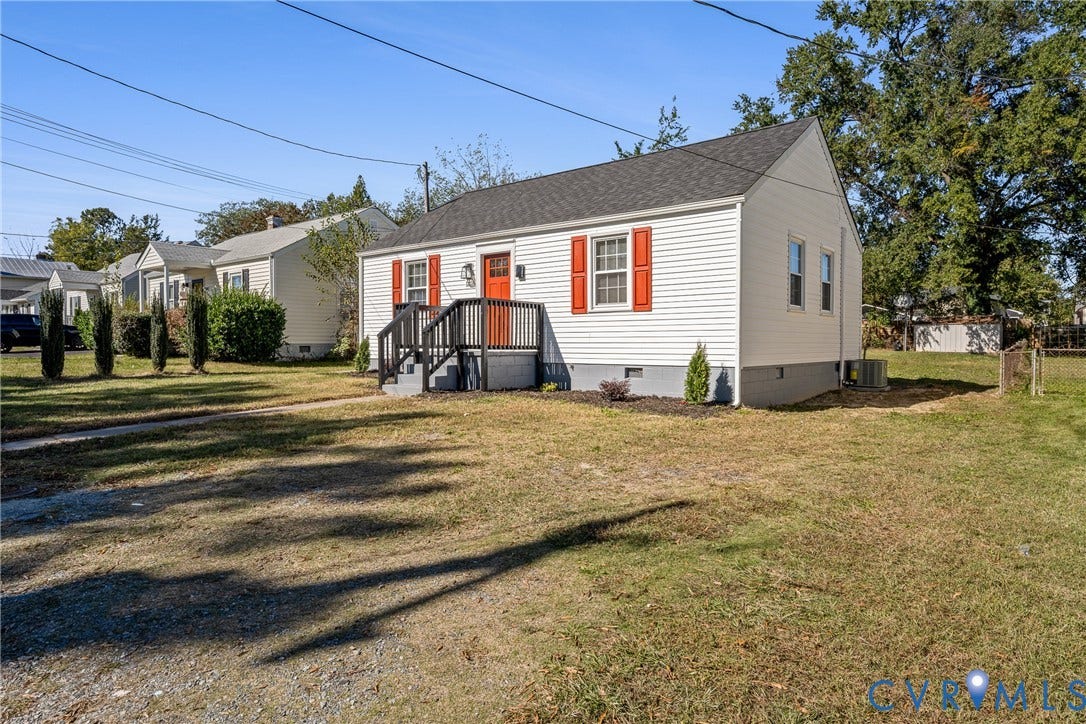 2106 Kenwood Avenue, Henrico, VA 22229 Exterior featuring horizontal siding, contrasting shutters, gable roof, and raised wooden front porch with railing