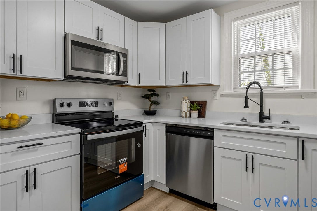 2106 Kenwood Avenue, Henrico, VA 22229 Kitchen featuring white shaker-style cabinetry, stainless steel appliances, white solid-surface countertops, and a matte black gooseneck faucet