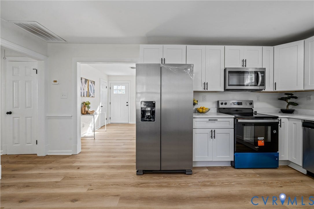 2106 Kenwood Avenue, Henrico, VA 22229 Kitchen featuring white shaker-style cabinetry, wood-finish flooring, stainless steel side-by-side refrigerator, built-in microwave, and electric range
