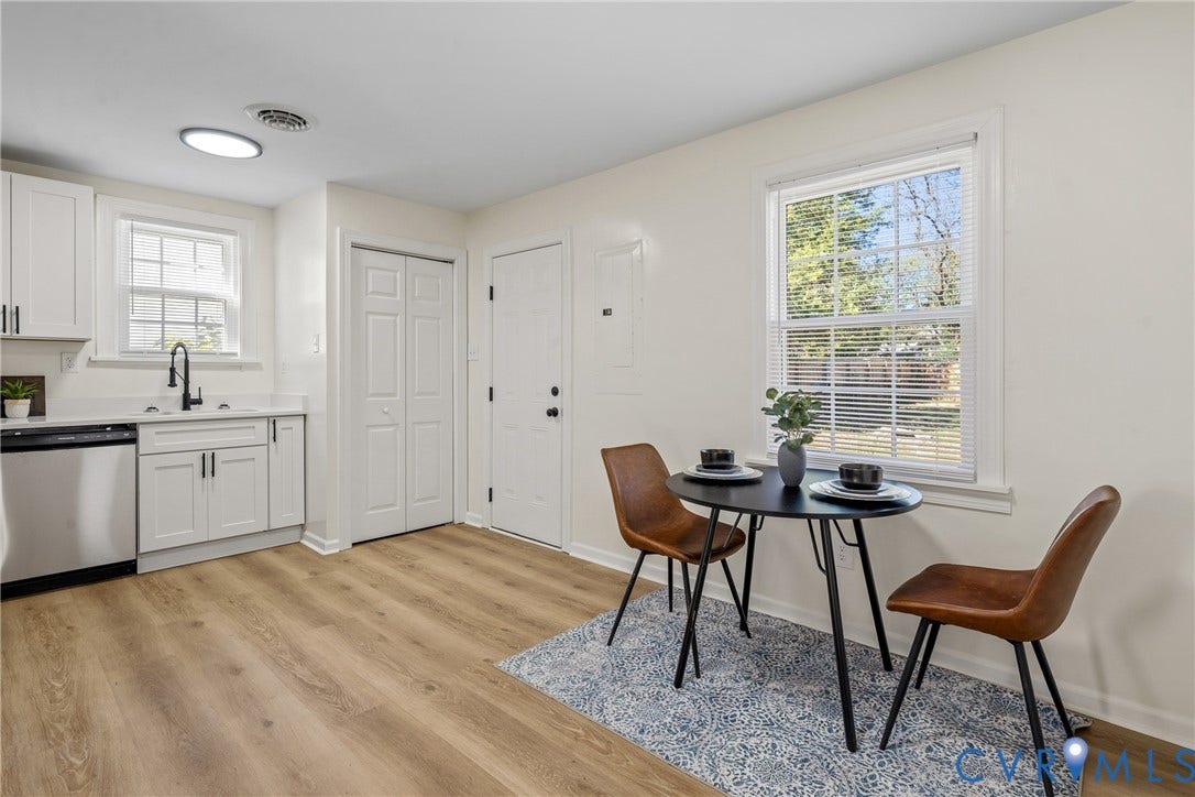 2106 Kenwood Avenue, Henrico, VA 22229 Kitchen featuring white shaker cabinetry, stainless steel dishwasher, matte black faucet, wood-finish flooring, and double-hung windows
