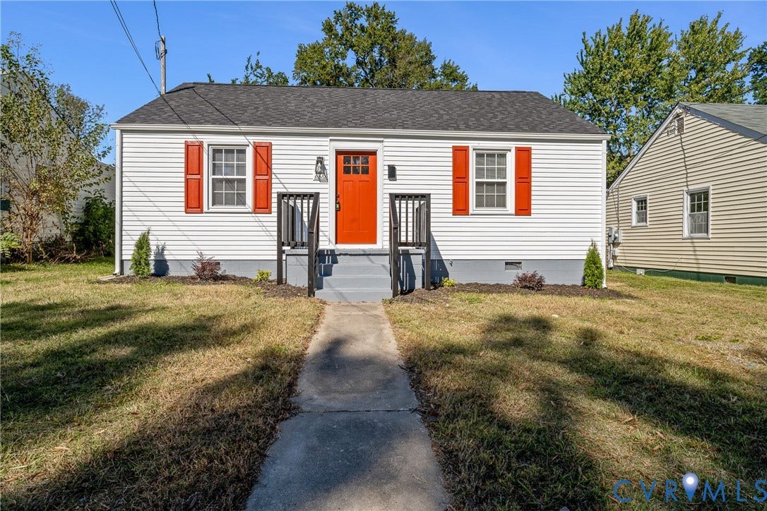 2106 Kenwood Avenue, Henrico, VA 22229 Single-story exterior featuring horizontal siding, contrasting shutters, asphalt shingle roofing, and a concrete entry path leading to a raised landing