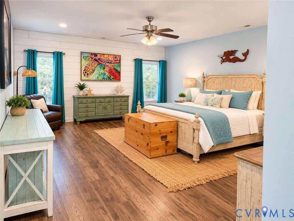 5424 Bellswood Drive, Mechanicsville, VA 23111 Room featuring wood-finish flooring, horizontal shiplap wall accent, recessed lighting, and a brushed nickel ceiling fan with integrated lighting