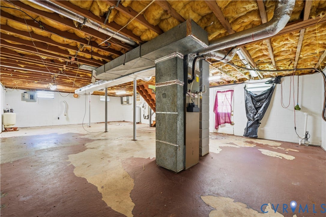 3622 New Bethel Road, Meherrin, VA 23954 Unfinished basement area featuring exposed joists, painted concrete flooring, metal support columns, and an HVAC system