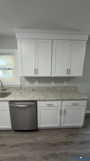 510 Old Town Drive, Ellerslie, Colonial Heights, VA 23834 White shaker-style cabinetry with crown molding, stone-finish countertops, stainless steel undermount sink, stainless steel dishwasher, and wood-finish flooring