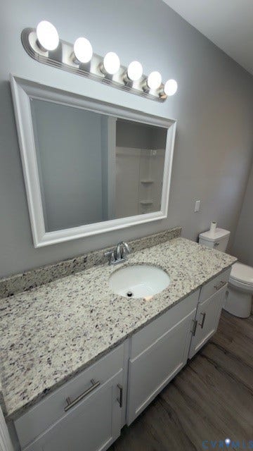 510 Old Town Drive, Ellerslie, Colonial Heights, VA 23834 White vanity with speckled stone-patterned countertop, integrated white sink, framed mirror, five-bulb light fixture, and wood-finish flooring