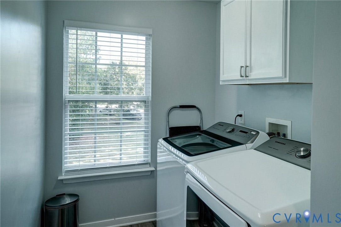 8909 Hollycroft Court, Mechanicsville, VA 23116 Laundry room featuring white wall-mounted upper cabinetry, a double-hung window with blinds, and dedicated hookups for laundry appliances