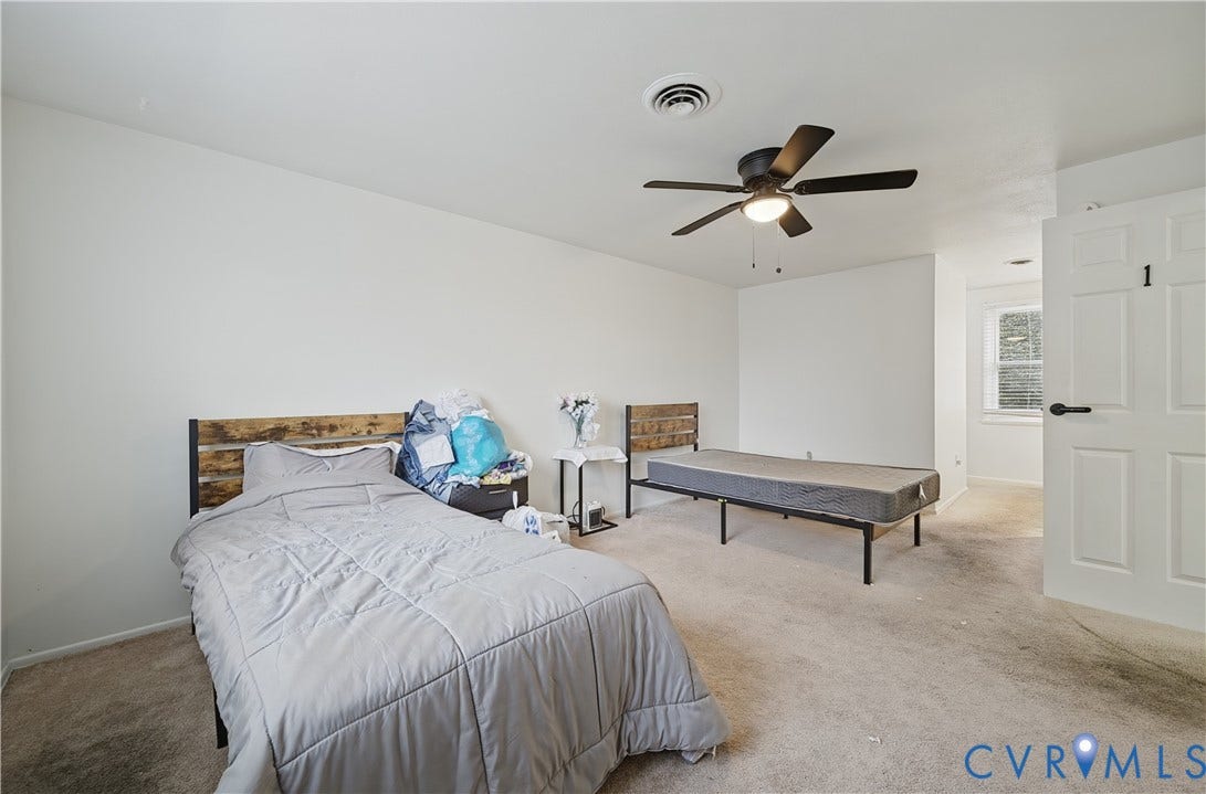 1101 Arch Hill Drive, Chesterfield, VA 23236 Neutral-toned bedroom featuring carpeted flooring, a ceiling fan with integrated lighting, and a six-panel door