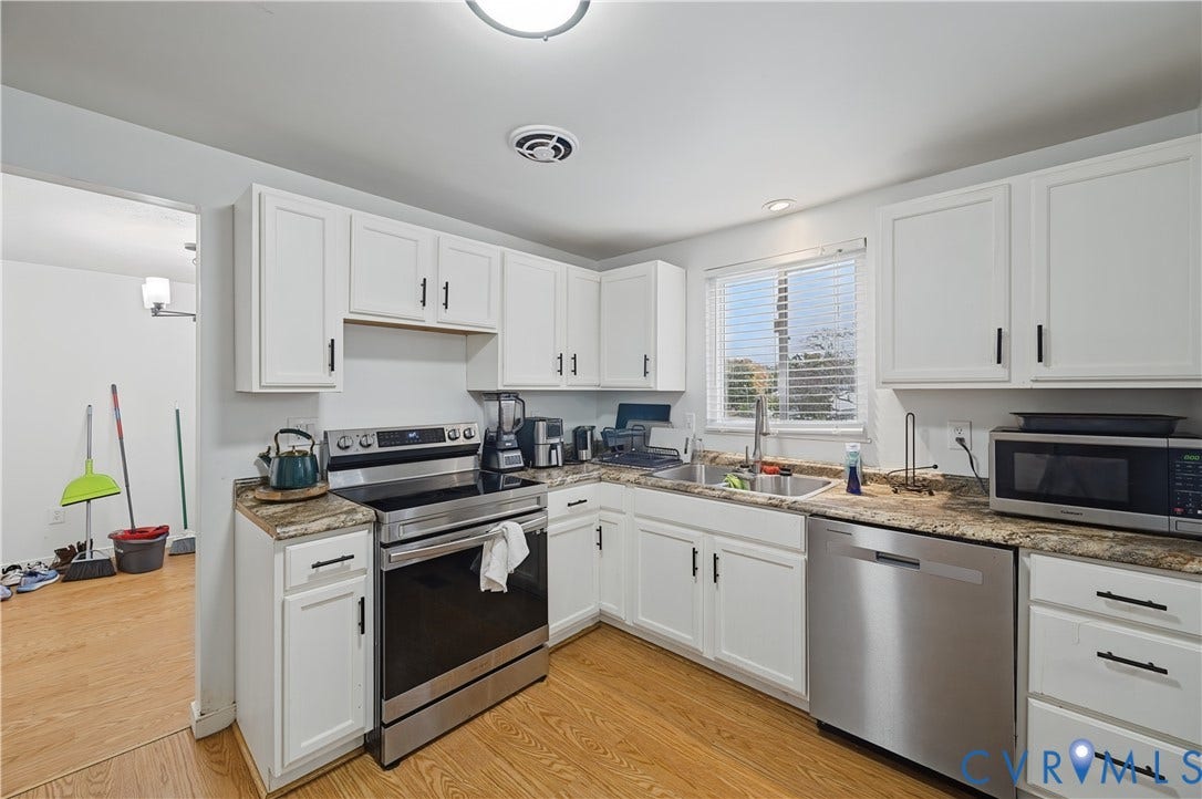 1101 Arch Hill Drive, Chesterfield, VA 23236 Kitchen featuring white Shaker-style cabinetry, stone-patterned countertops, wood-finish flooring, and stainless steel appliances