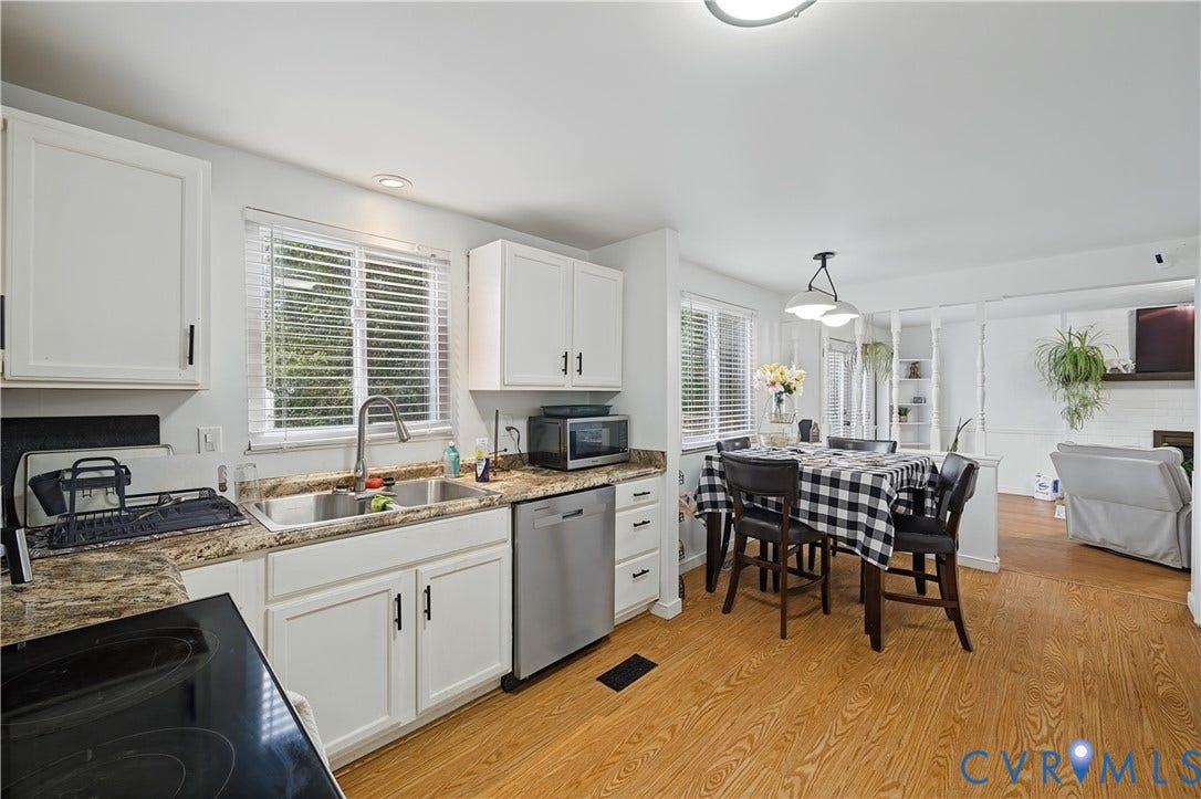 1101 Arch Hill Drive, Chesterfield, VA 23236 Kitchen featuring white cabinetry, stone-patterned countertops, stainless steel appliances, and wood-finish flooring