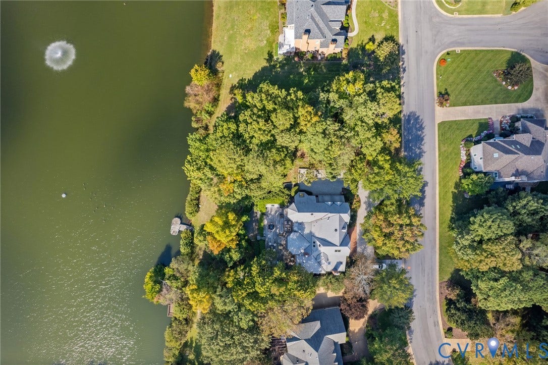 11433 Barrington Bridge Court, Henrico, VA 23233 Aerial perspective of waterfront property featuring mature tree canopy, private pier, and paved driveway