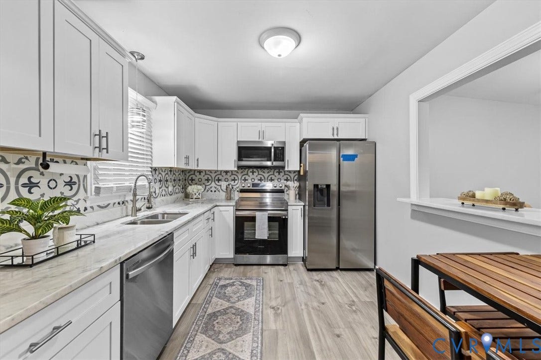 11518 Frederick Farms Circle, Midlothian, VA 23112 Kitchen featuring white cabinetry, patterned backsplash tile, stainless steel appliances, and wood-finish flooring