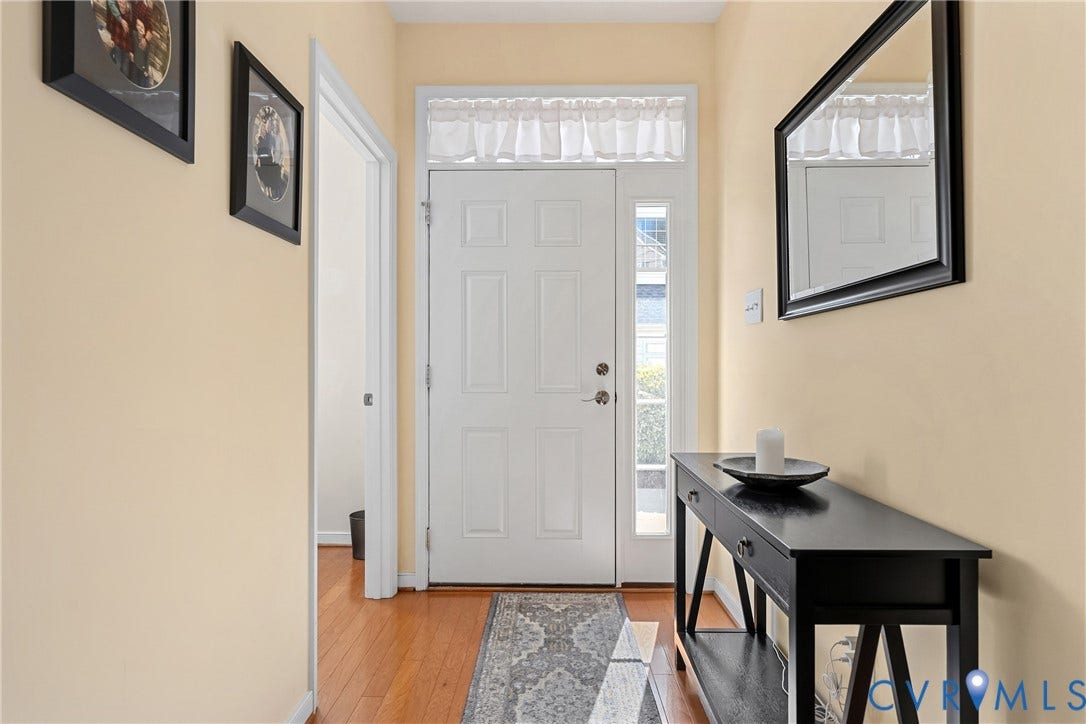 4914 Terrace Arbor Circle, Midlothian, VA 23112 Light filled entryway featuring a white six-panel door, vertical sidelight window, overhead transom window, and wood-finish flooring