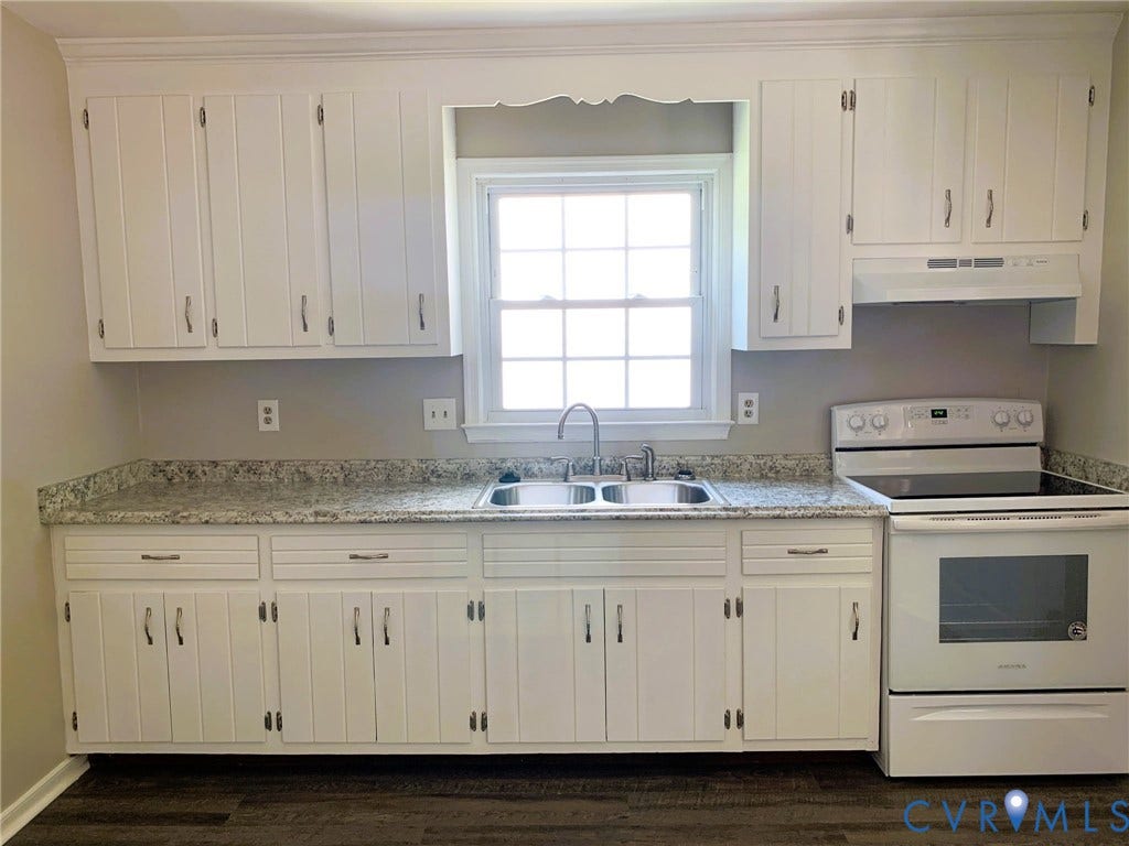 8905 Hawkbill Road, Chesterfield, VA 23237 Kitchen featuring white cabinetry, stone-finish countertops, a dual-basin stainless steel sink, a range with an integrated hood, and wood-finish flooring