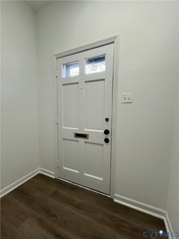 39 Rock Garden Lane, Henrico, VA 23228 Entryway featuring a white paneled door with dual glass lites, brass mail slot, and matte black hardware, finished with wood-finish flooring
