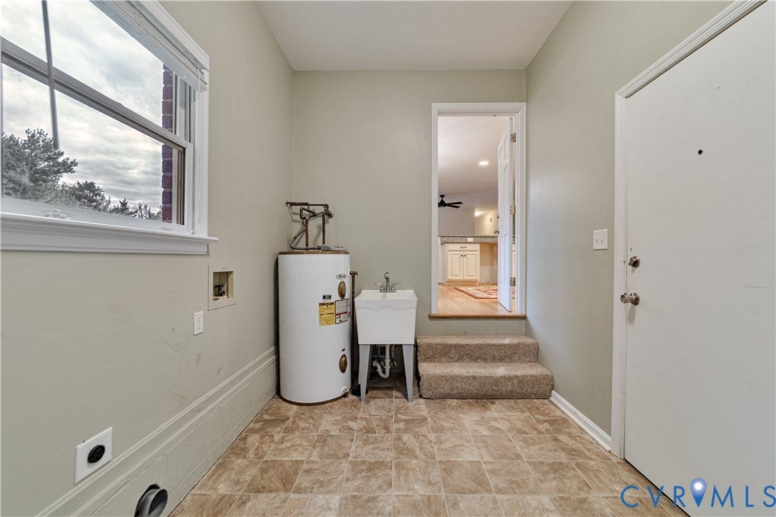 Utility room featuring vinyl tile flooring, a wall-mounted single-basin basin, and an electric water heater
