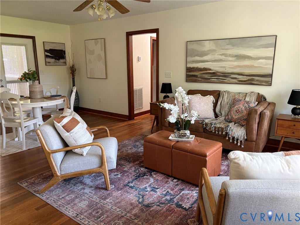 9012 Shawonodasee Road, Courthouse, Chesterfield, VA 23832 Hardwood flooring, wood-trimmed door casings, and a multi-light ceiling fan with a wooden finish