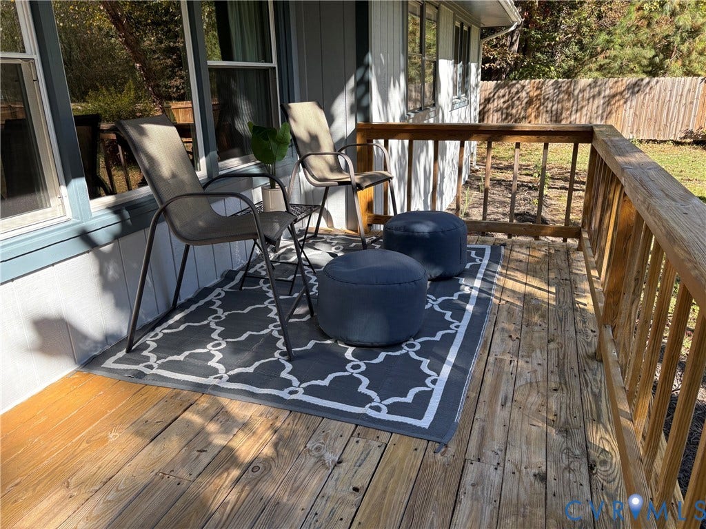 9012 Shawonodasee Road, Courthouse, Chesterfield, VA 23832 Elevated wood deck featuring a wooden railing and vertical siding exterior