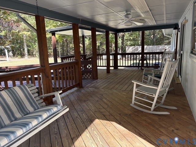 9012 Shawonodasee Road, Courthouse, Chesterfield, VA 23832 Covered wooden deck featuring a wood railing, ceiling fan, and overhead lighting