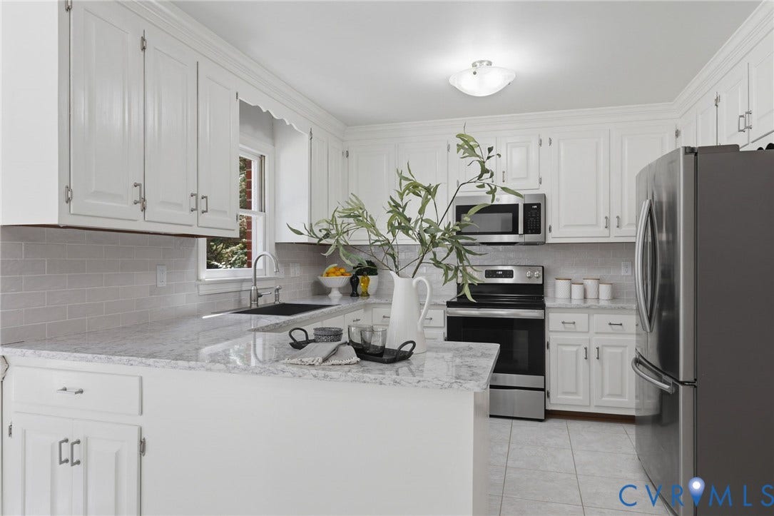 2311 Castle Hill Road, Midlothian, VA 23113 Kitchen featuring white cabinetry, stone countertops, stainless steel appliances, a tile backsplash, and ceramic tile flooring