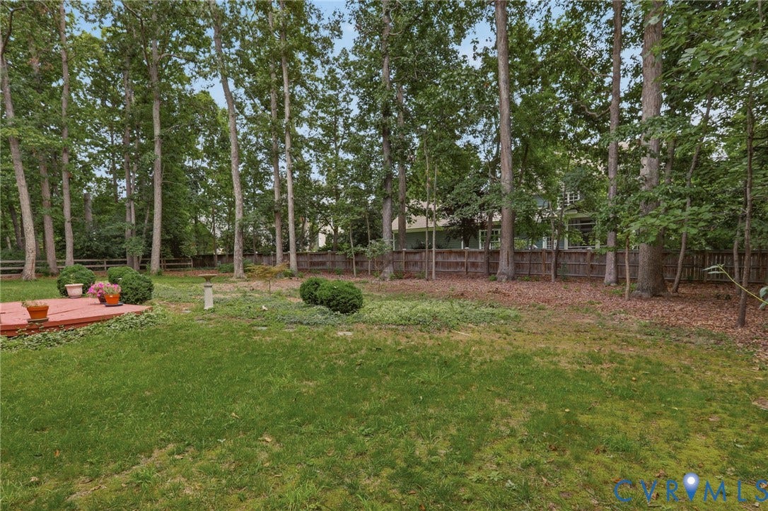 2311 Castle Hill Road, Midlothian, VA 23113 Backyard featuring a wood deck, perimeter wood fencing, manicured shrubbery, and mature trees