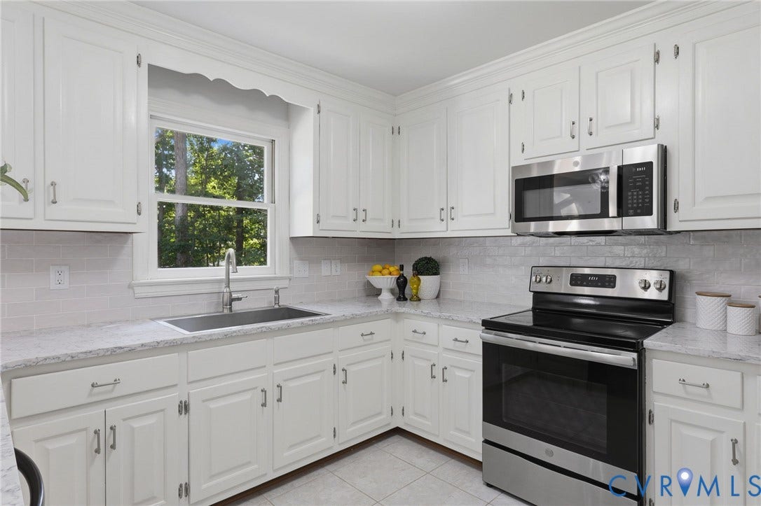 2311 Castle Hill Road, Midlothian, VA 23113 Kitchen featuring white shaker-style cabinetry, stone-finish countertops, subway tile backsplash, stainless steel appliances, and an undermount sink