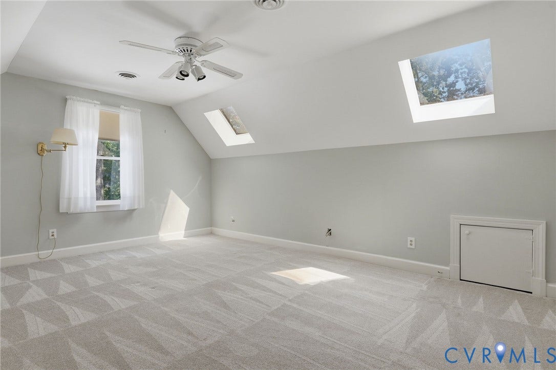 2311 Castle Hill Road, Midlothian, VA 23113 Room featuring sloped ceilings, two skylights, a ceiling fan, wall-mounted lighting, and built-in access panel