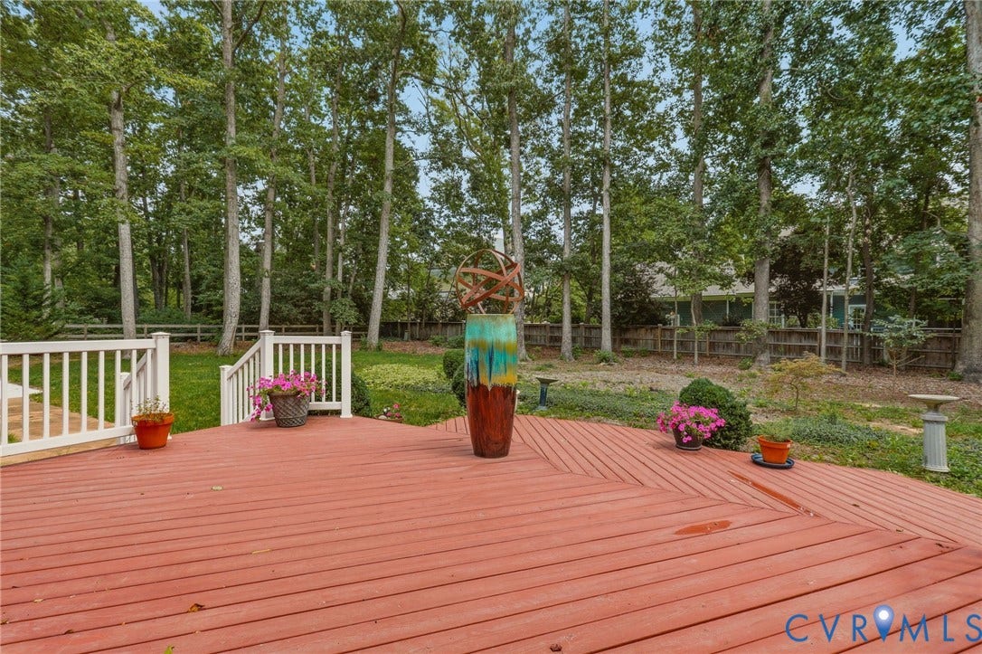 2311 Castle Hill Road, Midlothian, VA 23113 Spacious wooden deck with white railings, mature perimeter trees, and a fenced rear yard