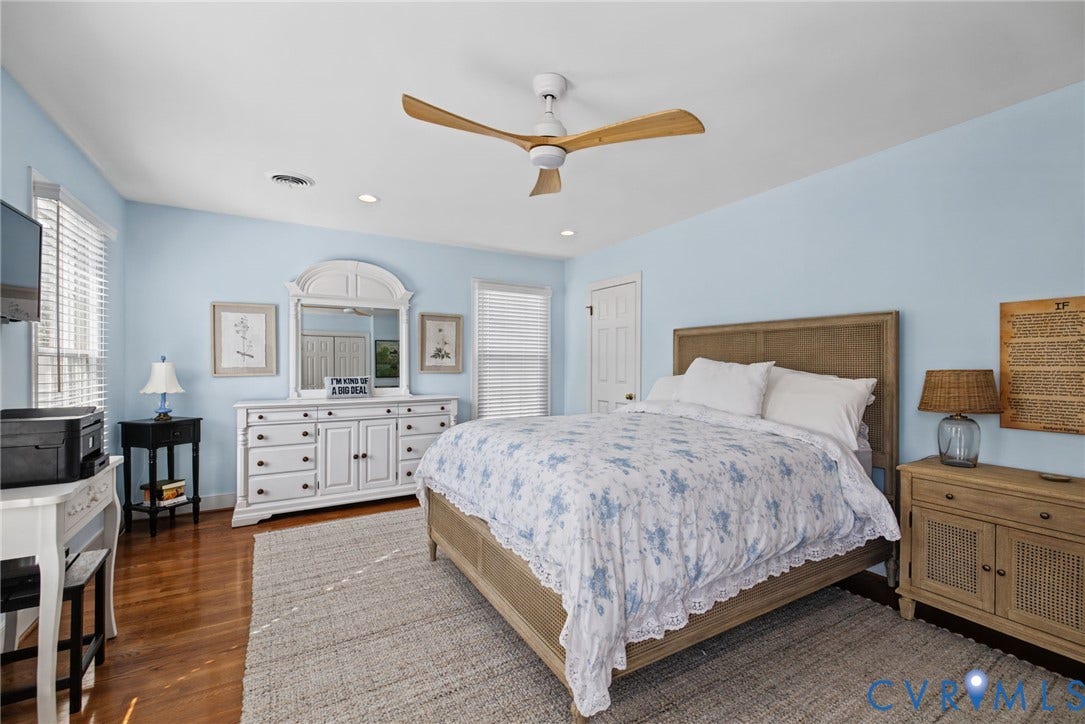 13908 Pagehurst Terrace, Salisbury, Midlothian, VA 23113 Spacious room featuring hardwood flooring, multi-pane windows with integrated blinds, and a contemporary ceiling fan with wood-finish blades