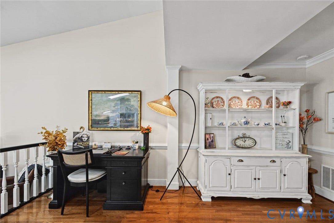 13908 Pagehurst Terrace, Salisbury, Midlothian, VA 23113 Vaulted ceiling with crown molding, wood-finish flooring, and white spindle railing