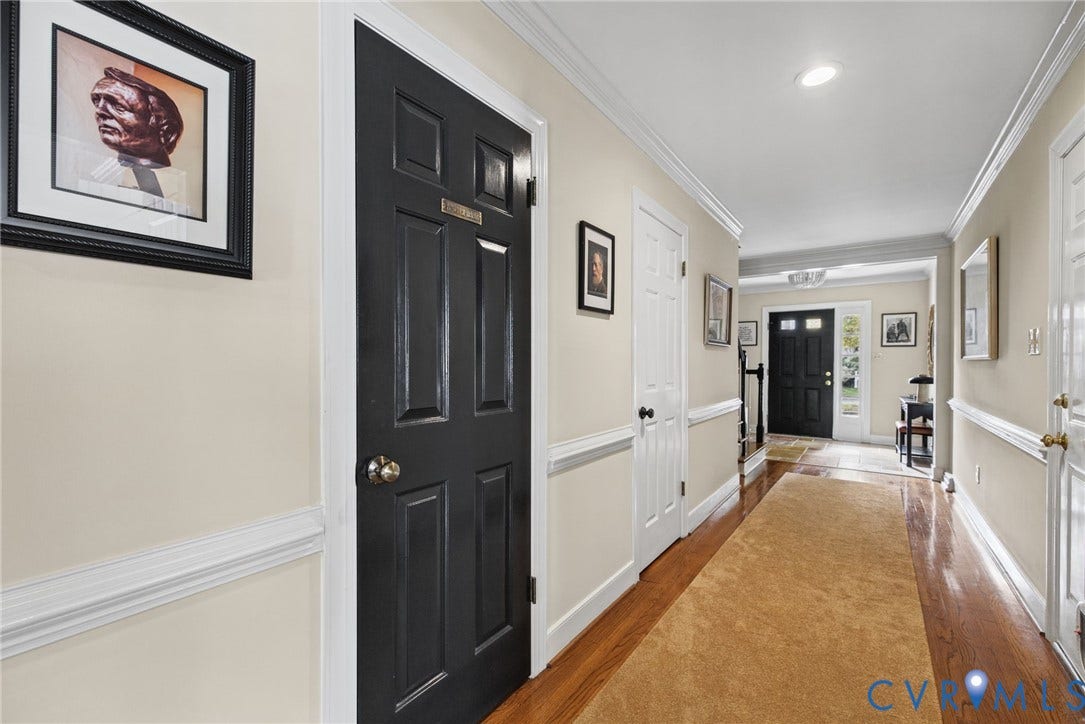 13908 Pagehurst Terrace, Salisbury, Midlothian, VA 23113 Interior hallway featuring wood-finish flooring, crisp crown molding, chair rail trim, recessed lighting, and solid-core panel doors