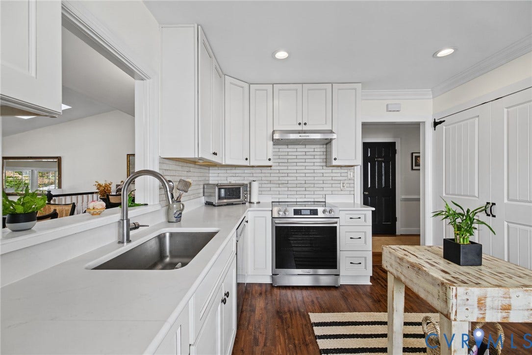 13908 Pagehurst Terrace, Salisbury, Midlothian, VA 23113 Kitchen featuring white cabinetry, light-toned stone-finish countertops, stainless steel appliances, subway tile backsplash, and wood-finish flooring