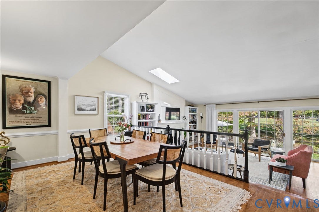 13908 Pagehurst Terrace, Salisbury, Midlothian, VA 23113 Vaulted ceiling with integrated skylight, hardwood flooring, built-in shelving, and large sliding glass doors