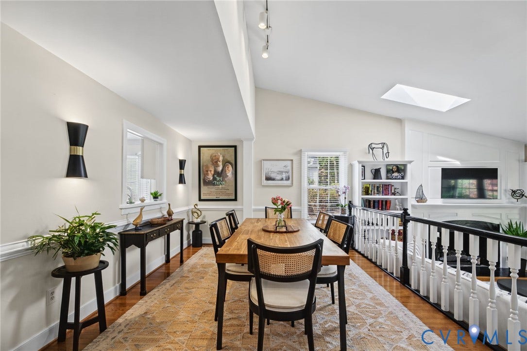 13908 Pagehurst Terrace, Salisbury, Midlothian, VA 23113 Vaulted ceiling with skylight, wood-finish flooring, built-in fireplace, and wall-mounted sconce lighting