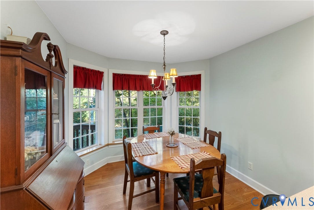 Bay window with multi-pane glass, wood-finish flooring, and a multi-light chandelier fixture