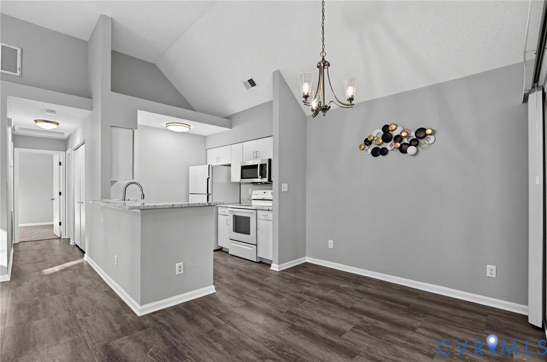 910 Rue Marseille, Les Chateaux, Chesapeake, VA 23320 Vaulted ceilings, kitchen featuring white cabinetry, stone-finish countertops, and wood-finish flooring