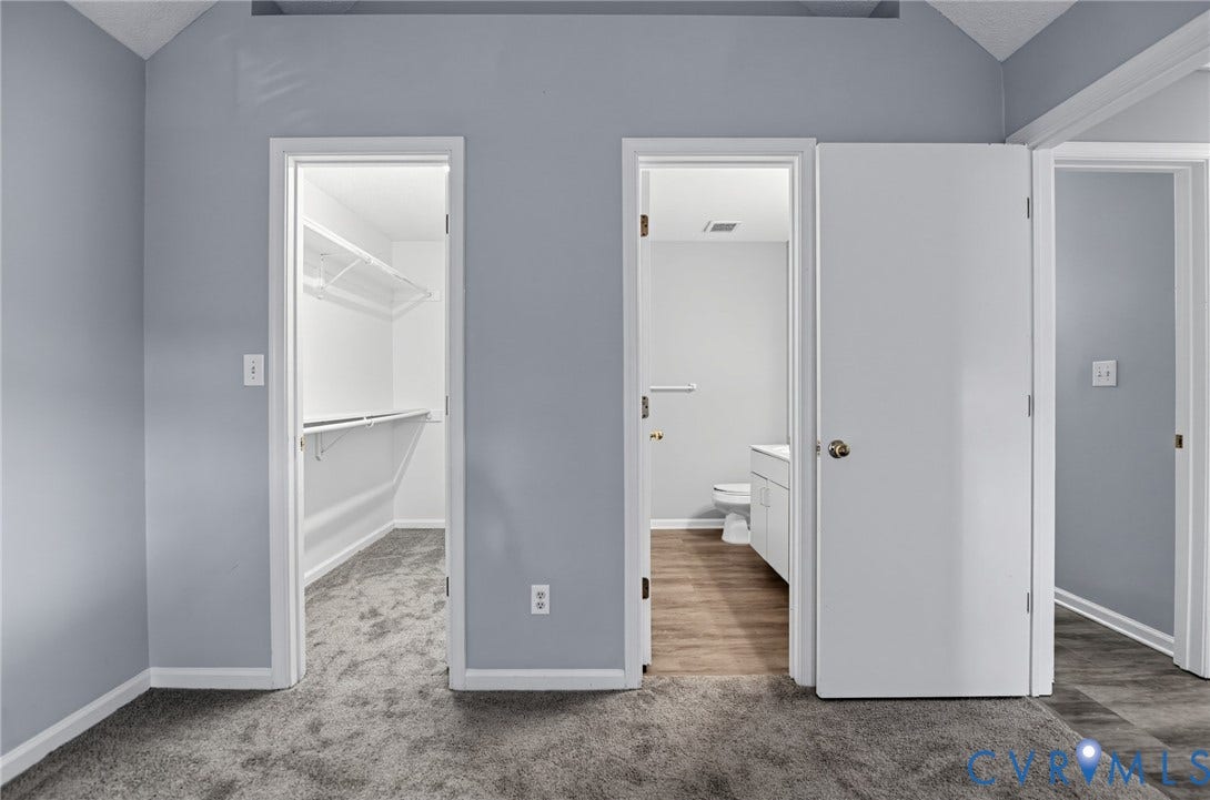 910 Rue Marseille, Les Chateaux, Chesapeake, VA 23320 Interior room featuring grey carpeting, vaulted ceiling, a walk-in closet with built-in wire shelving, and an entrance to a bathroom with wood-finish flooring and a white vanity