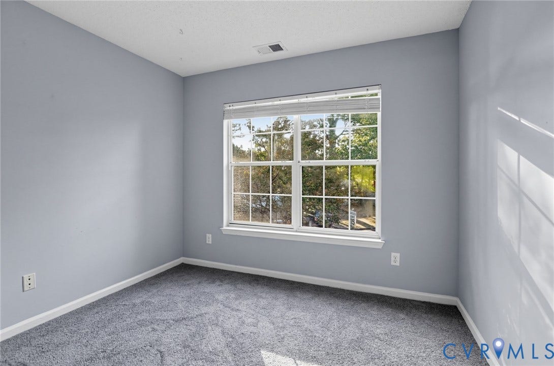 910 Rue Marseille, Les Chateaux, Chesapeake, VA 23320 Neutral-toned interior space featuring gray carpeting, soft gray wall paint, and a multi-pane window with horizontal blinds