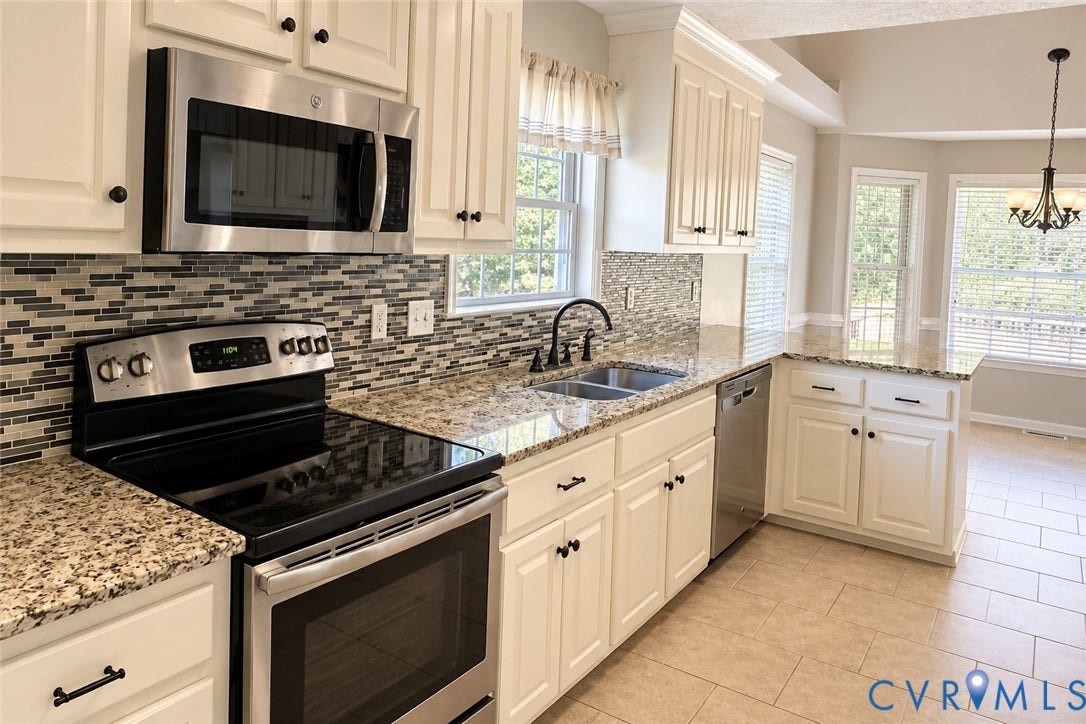 4229 Cedar Creek Lane, Prince George, VA 23875 Kitchen featuring white cabinetry, stone-finish countertops, stainless steel appliances, a multi-tone tile backsplash, and tile flooring